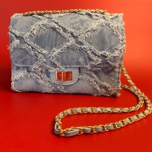 Distressed Denim Crossbody Bag with Chain Shoulder Strap